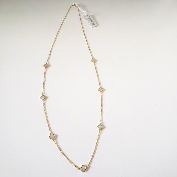 Rachel Zoe Clover MOP Long Necklace Yellow Gold Plate Sterling Silver - Picture 3 of 6